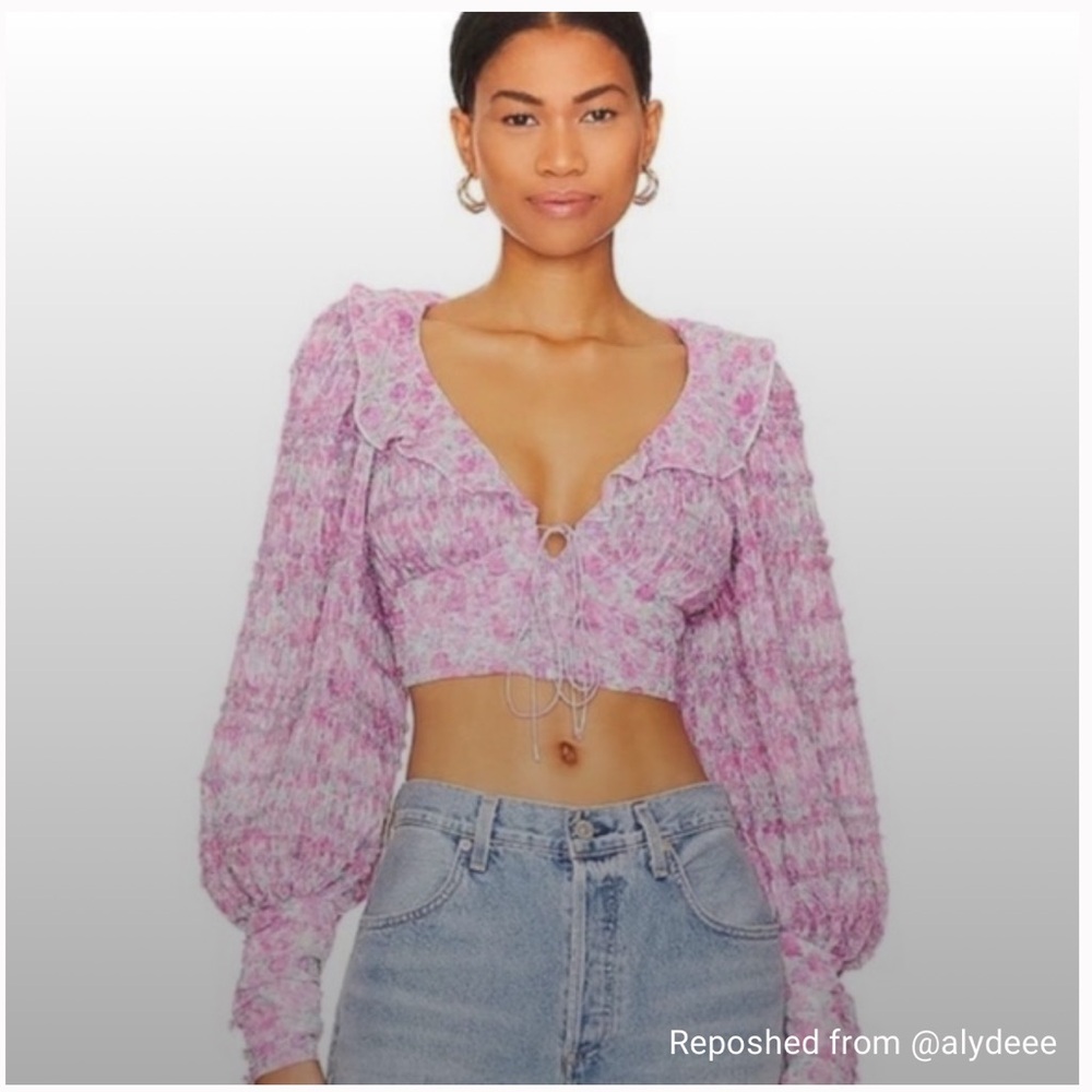 For Love & Lemons Saylor Blouse floral ruffled V-neck, balloon sleeves Crop NWT